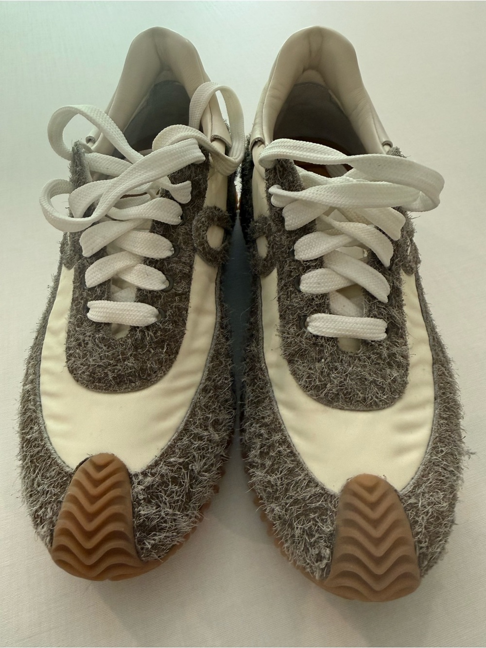 Loewe Cream and Gray Fuzzy Leather-Trim Sneakers